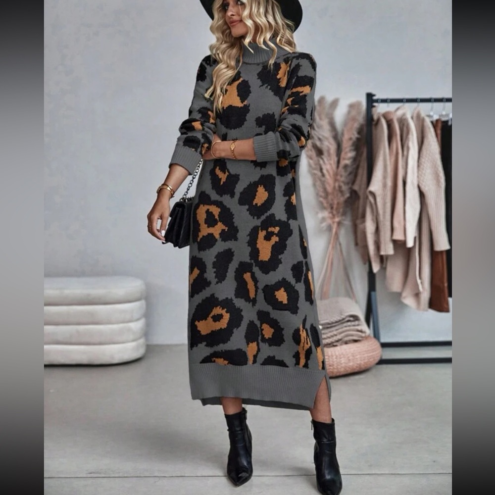 Cozy leopard print high neck sweater dress